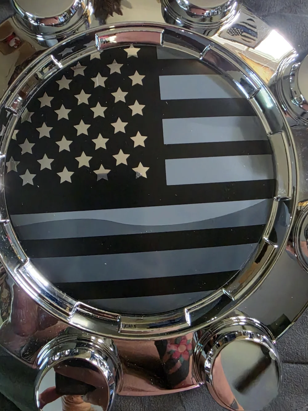 Chrome Hubcap Wall Art with Black & Gray American Flag